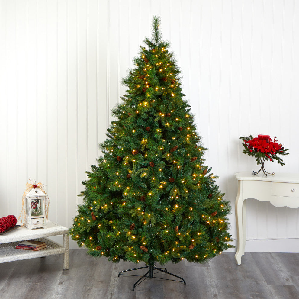 7.5' West Virginia Full Bodied Mixed Pine Faux Xmas Tree W/ Lights & Pinecones