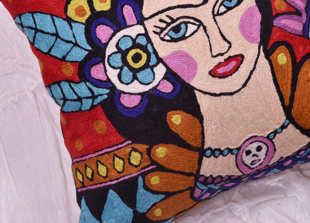 Frida Kahlo Inspired Pillow Cover Red Tiara Hand Embroidered Wool 18x18