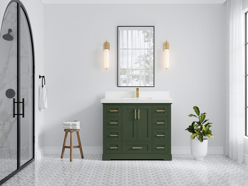 Boston 42 Single Sink Bath Vanity in Pewter Green 2" White Quartz
