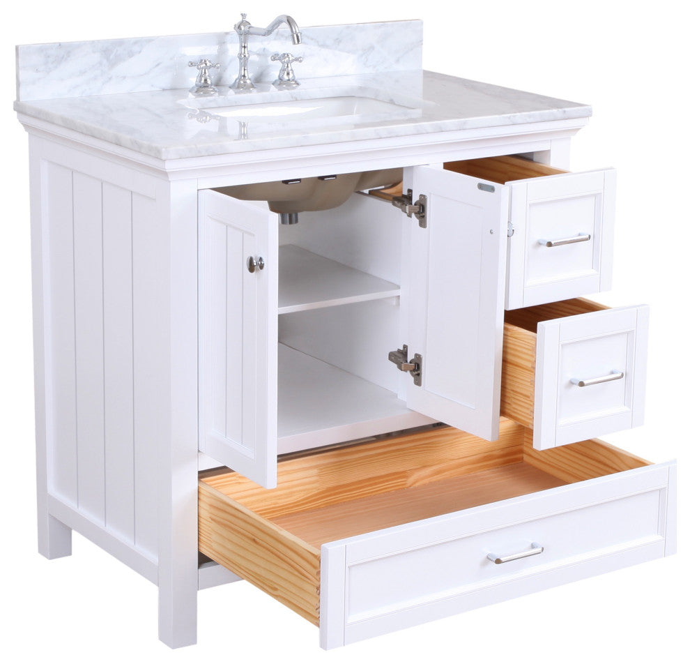 Paige 36" Bathroom Vanity, White, Carrara Marble