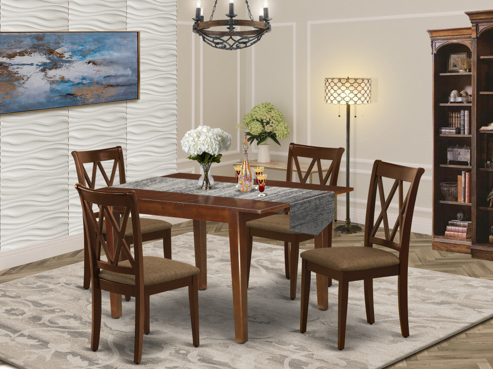 5Pc Dining Set, Rectangle Table, Butterfly Leaf, Mahogany Finish