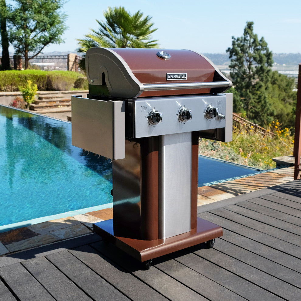 Permasteel 3 Burner Propane Gas Grill with Folding Side Shelves, Copper