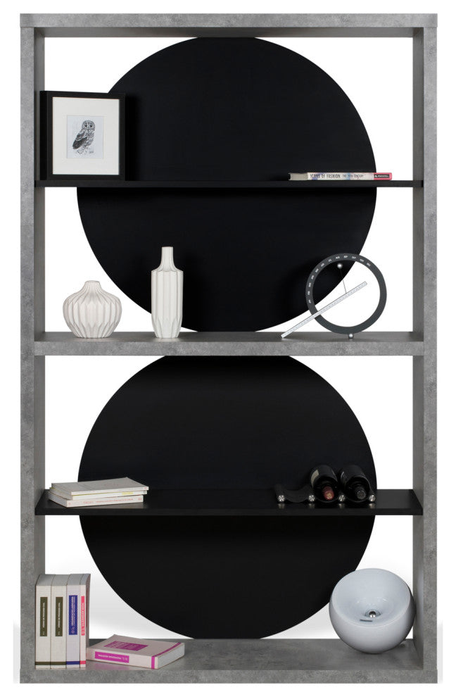 Zero Contemporary Unique Wood Book Shelf Display, Faux-Concrete/Pure Black