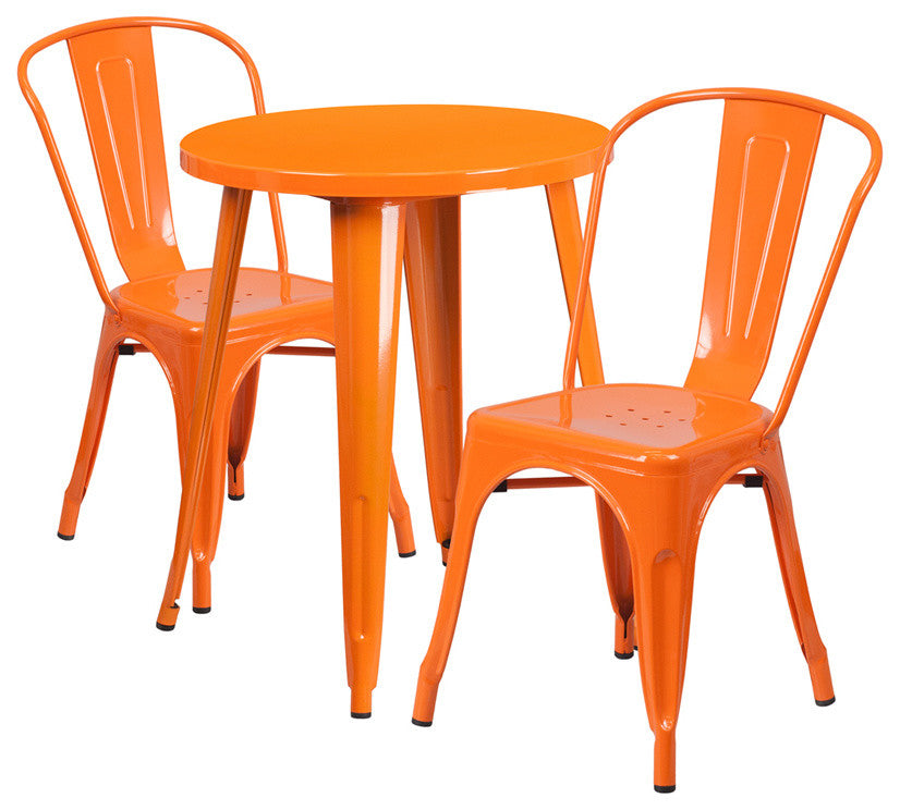 24" Round Orange Metal Indoor-Outdoor 3-Piece Table Set With 2 Cafe Chairs
