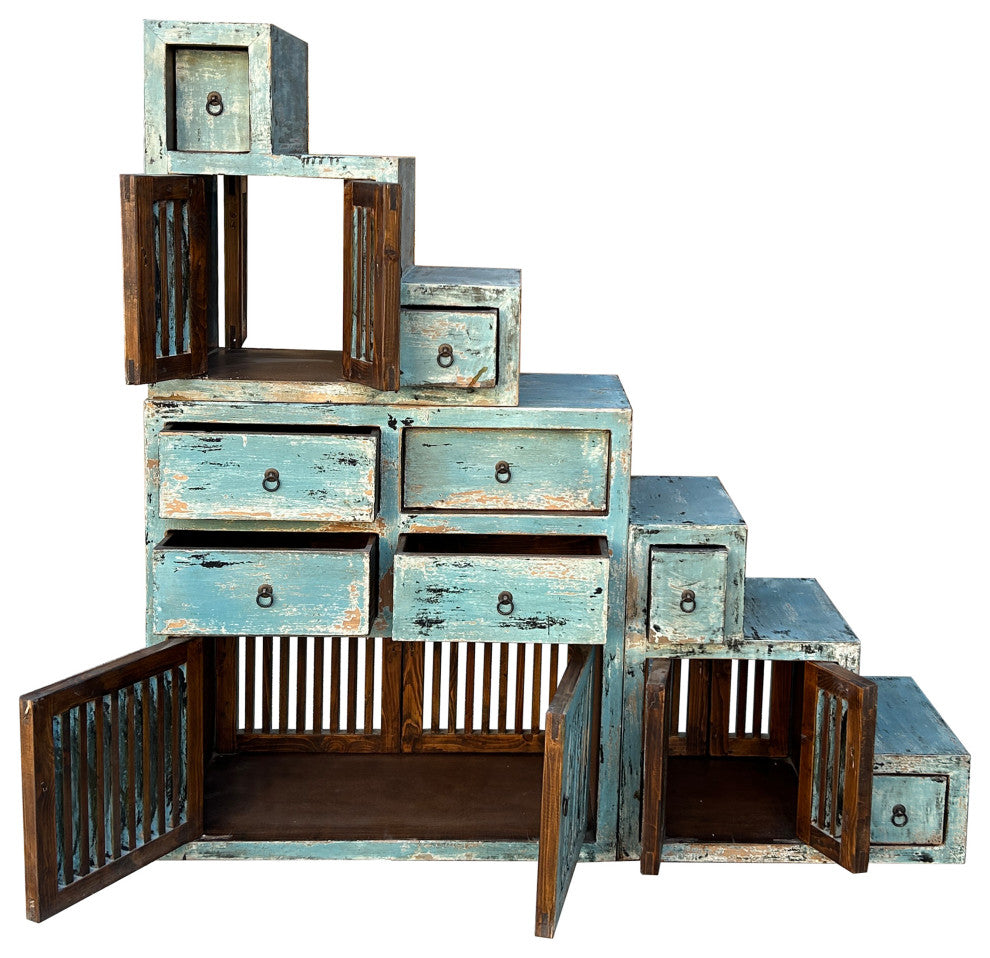 Distressed Pastel Blue Triangle Step Tansu Cabinet Display Room Divider Hws4357