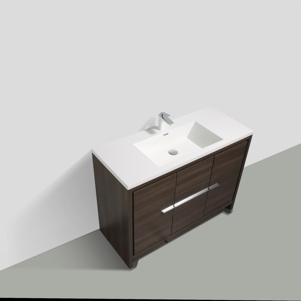 Freestanding Bath Vanity Set, Grey Oak, Integrated Solid Surface Sink, 48"
