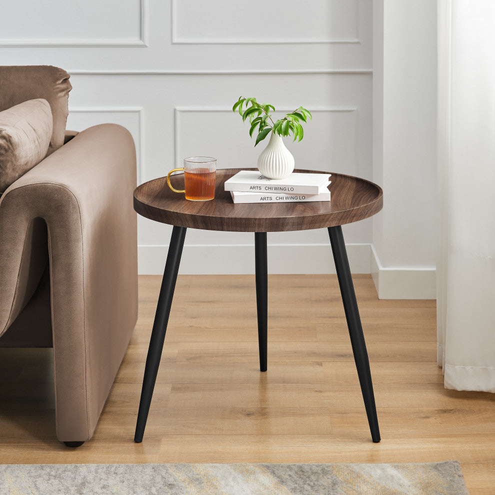Danya B. Paxton Side Table With Modern Black Metal Taper Legs Round Walnut