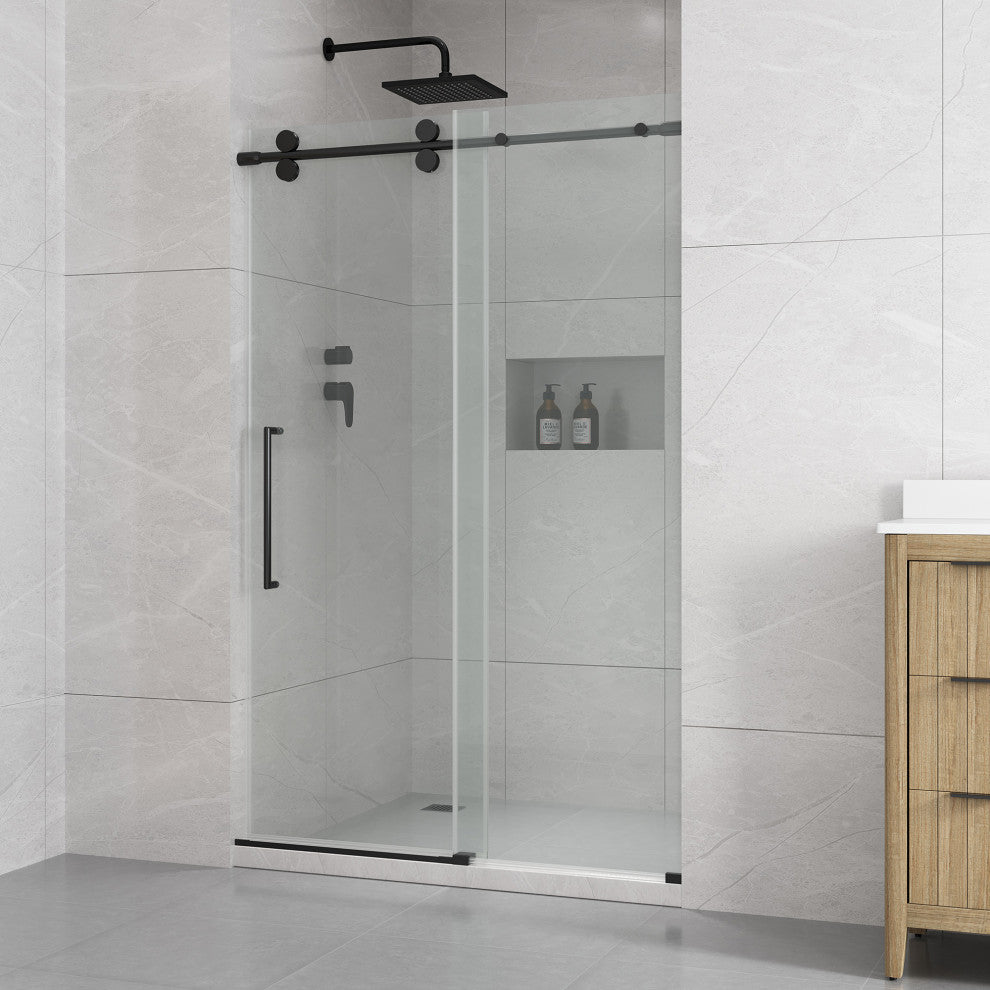 Reva Frameless Sliding Clear Alcove Shower Door, Black, 48"