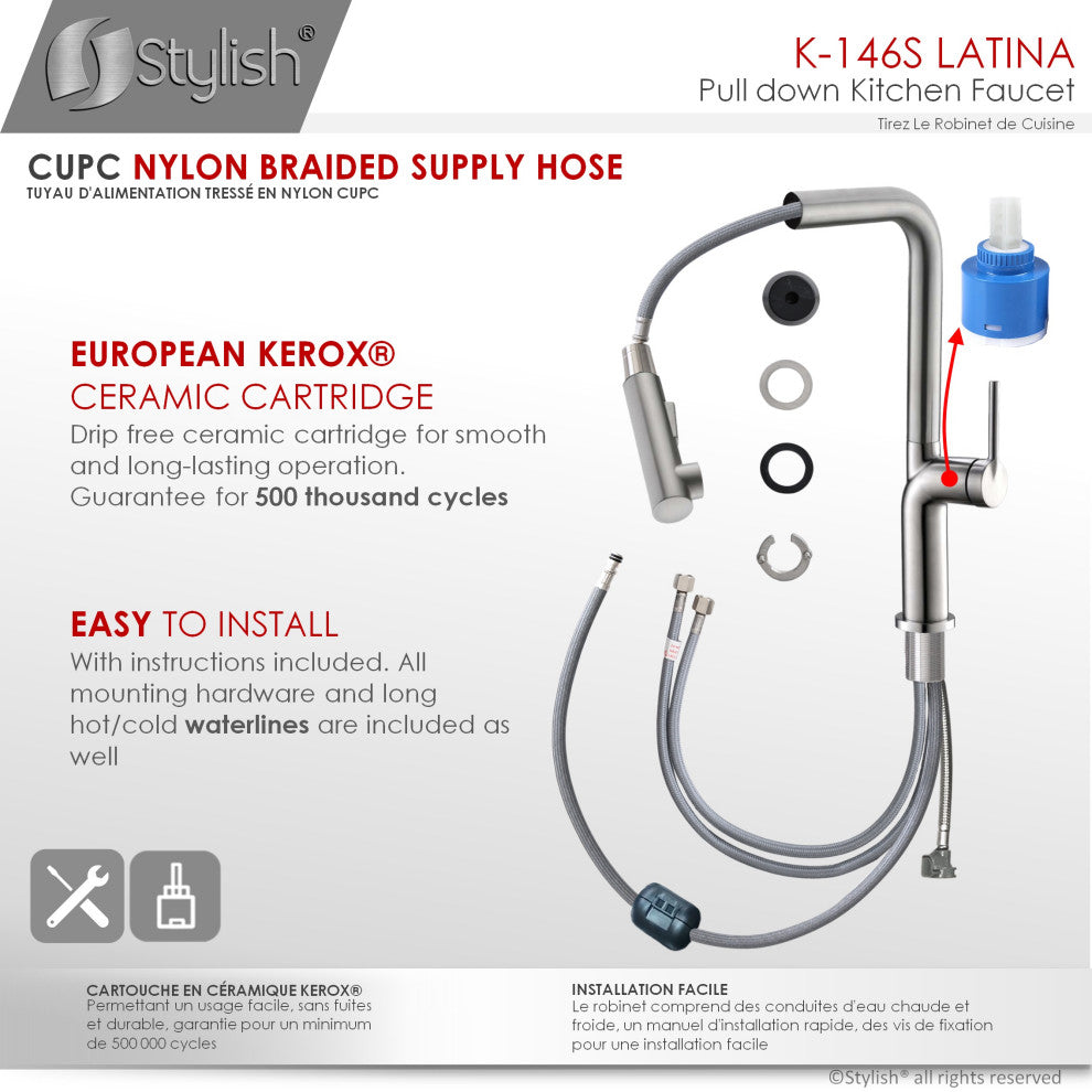 STYLISH Kitchen Sink Faucet Single Handle Pull Down Dual Mode Stainless Steel