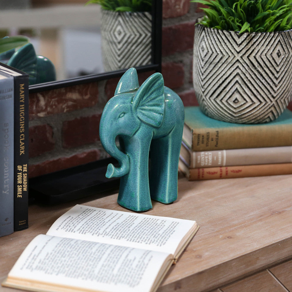 Ceramic Standing Elephant Figurine, Glossy Turquoise