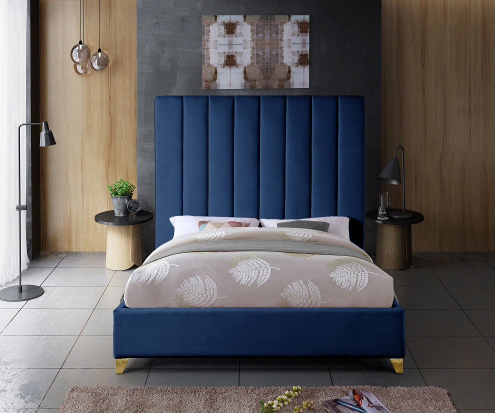Via Velvet Upholstered Bed, Navy, Queen