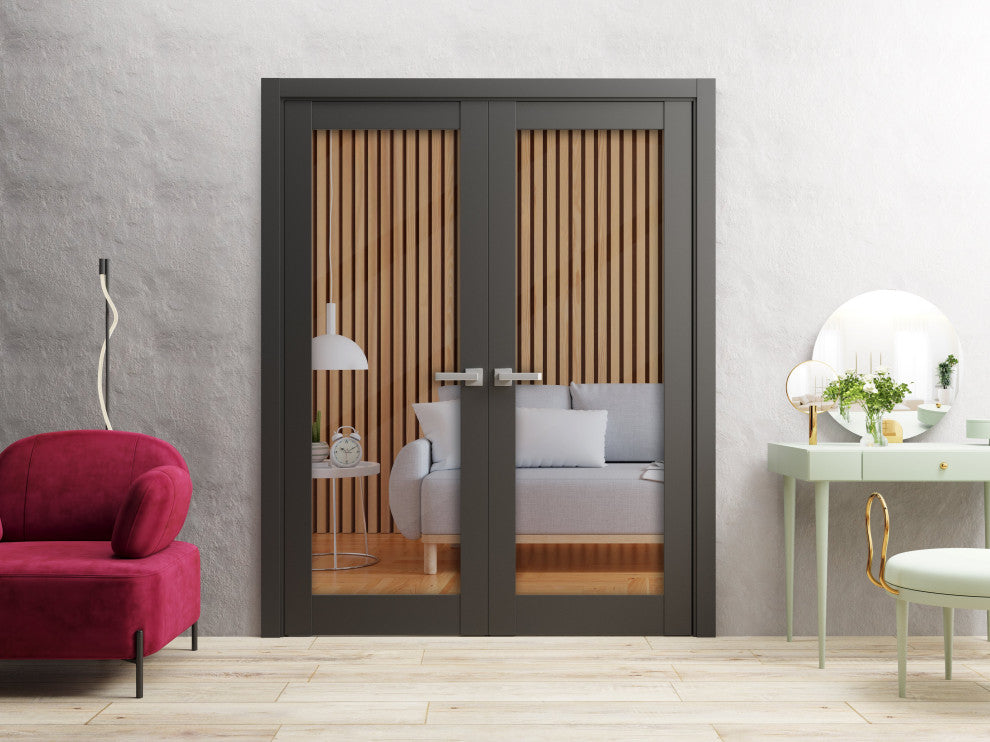 Interior French Double Doors Clear Glass|Lucia 2166 Matte Black-72x96
