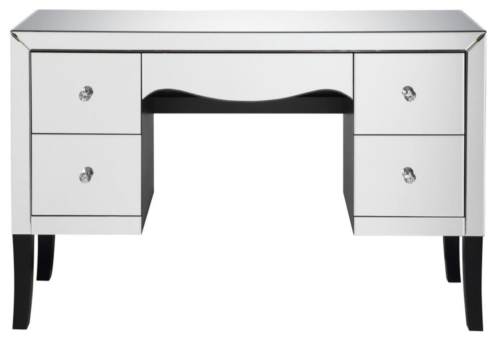 Wooden Framed Mirrored Vanity Desk with Four Drawers and Wavy Apron, Silver