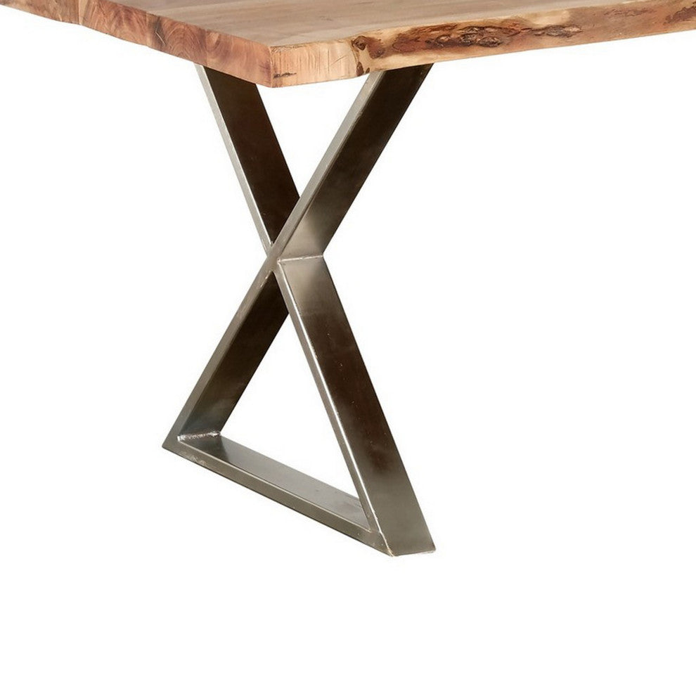 Benzara BM286396 Dining Table, Wood Top and Crossed Legs, Brown, Chrome