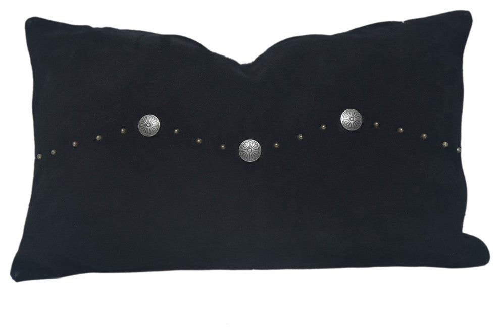 Western Suede Antique Silver Concho & Studded Lumbar Pillow, 12" x 20", Black