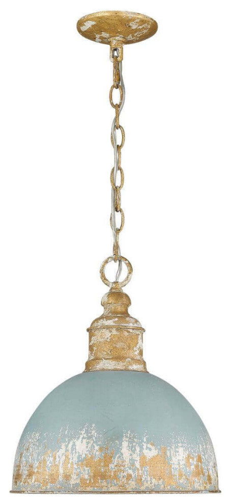 1 Light 12" Pendant, Vintage Gold With Teal Shade