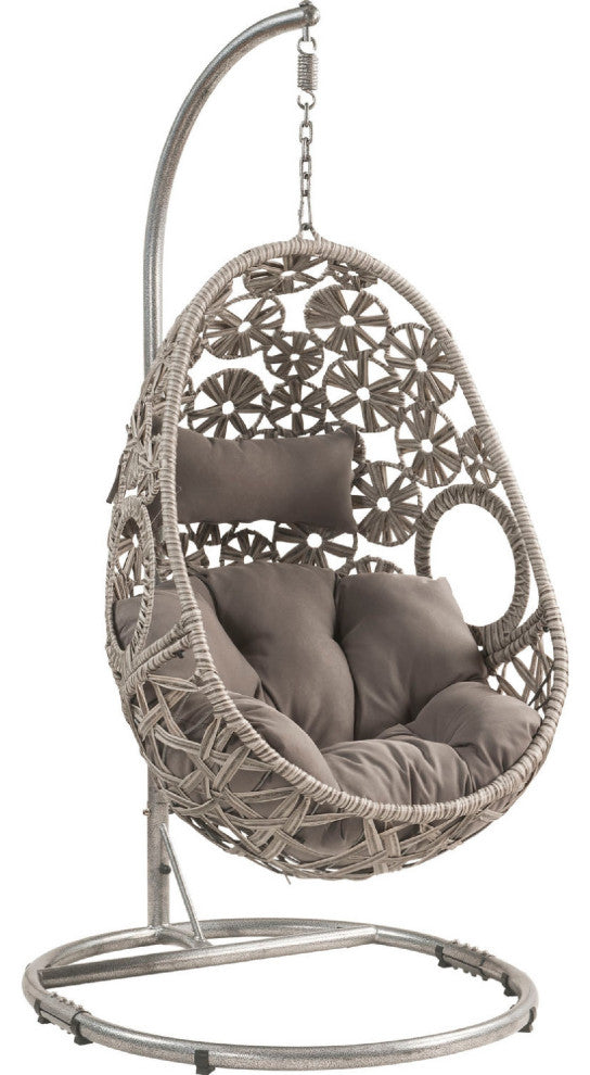 Benzara BM269031 Patio Hanging Chair With Open Circular Motifs, Gray