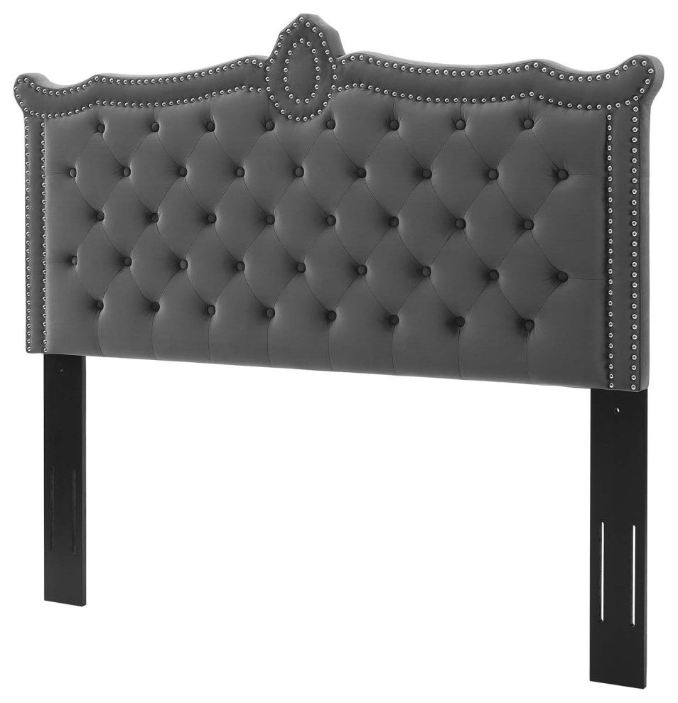 Tufted Headboard, Nailhead, Twin Size, Charcoal Gray, Velvet, Modern