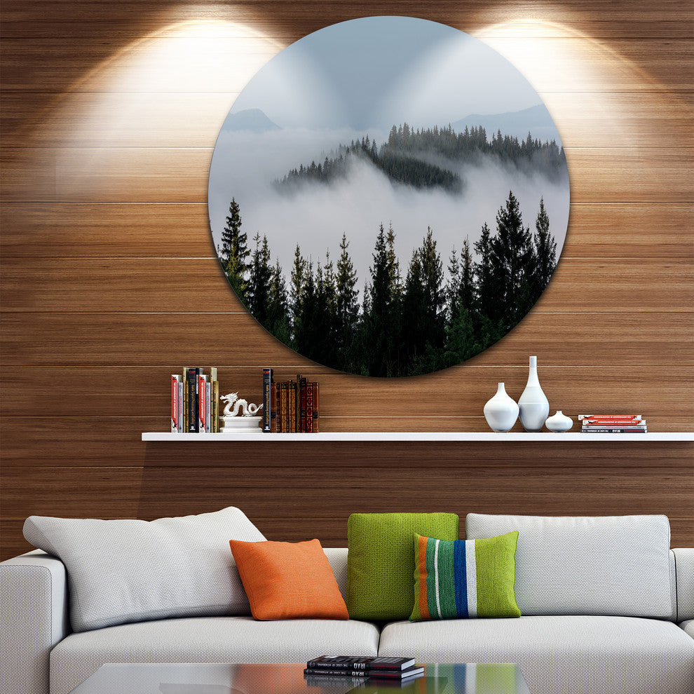 Dark Trees And Fog Over Mountains, Landscape Disc Metal Wall Art, 23"