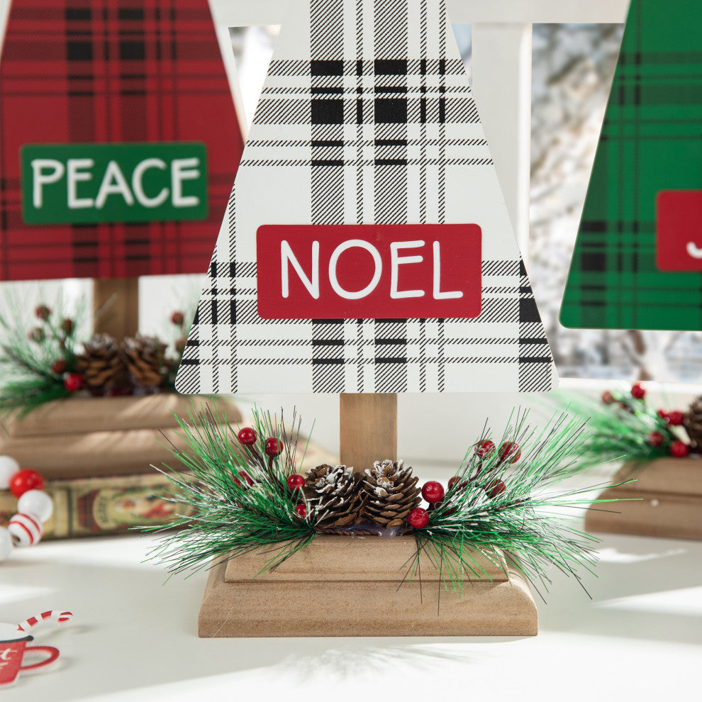 3-Piece Set Wooden Christmas Plaid Table Tree