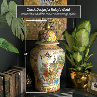 32" Satsuma Peacock Porcelain Temple Jar