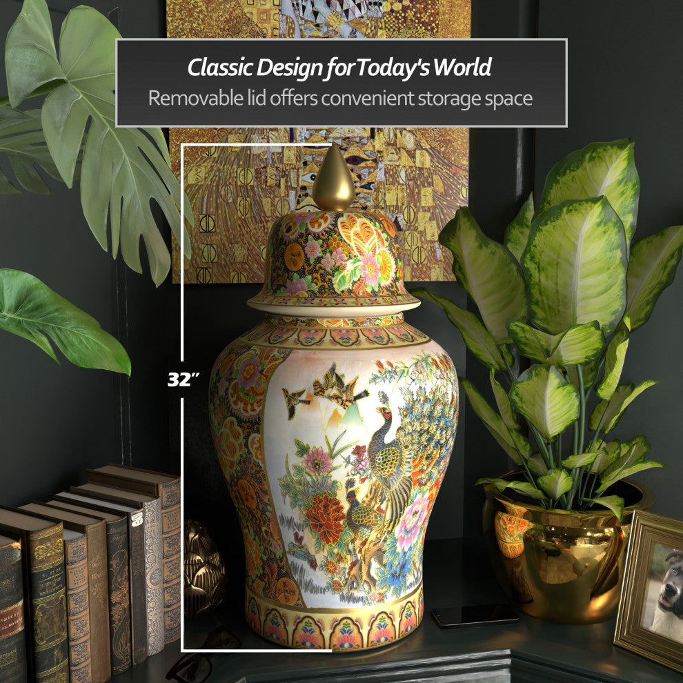 32" Satsuma Peacock Porcelain Temple Jar