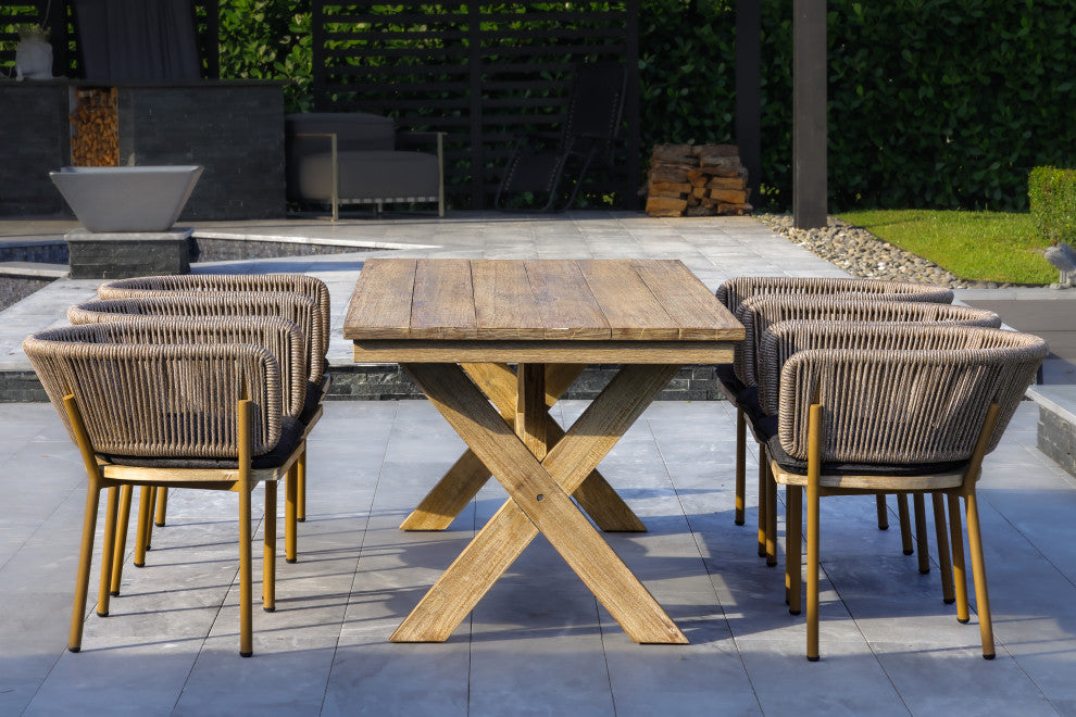 Santino + Melina 7-Piece Outdoor Dining Set, 6 Rope-Back Chairs, Milk/Coffee