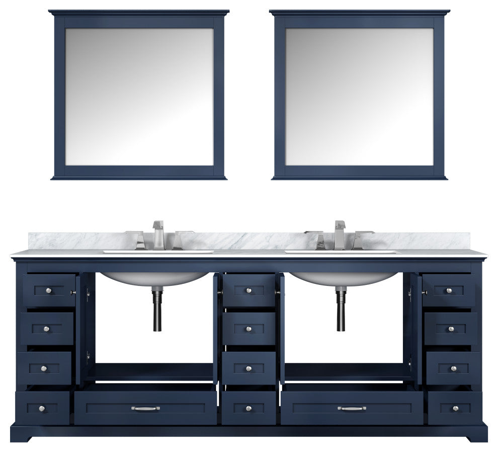 Dukes 84" Navy Blue Double Vanity, White Square Sinks, 34" Mirrors With Faucets