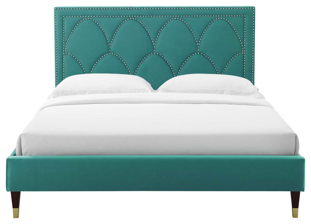 Platform Bed Frame, Nailhead, Queen Size, Teal Blue, Velvet, Modern