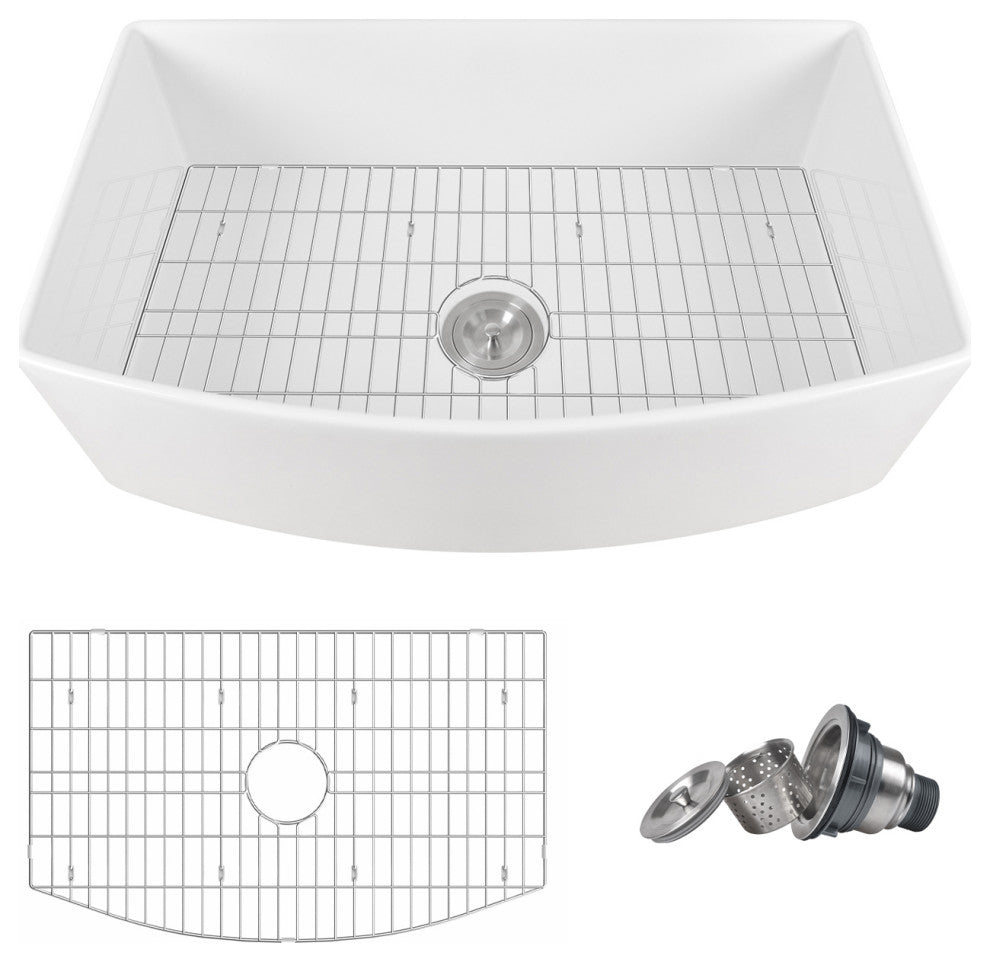 33" x 21" Farmhouse Ceramic Rectangular Kitchen Sink with Sink Grid and Strainer