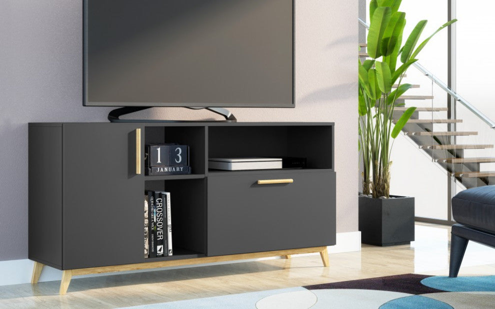 Modern Black And Natural Asymmetrical TV Stand