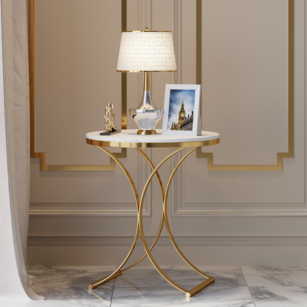 Modern Luxurious Round White Marble Stone Side Table X-Base End Table, White