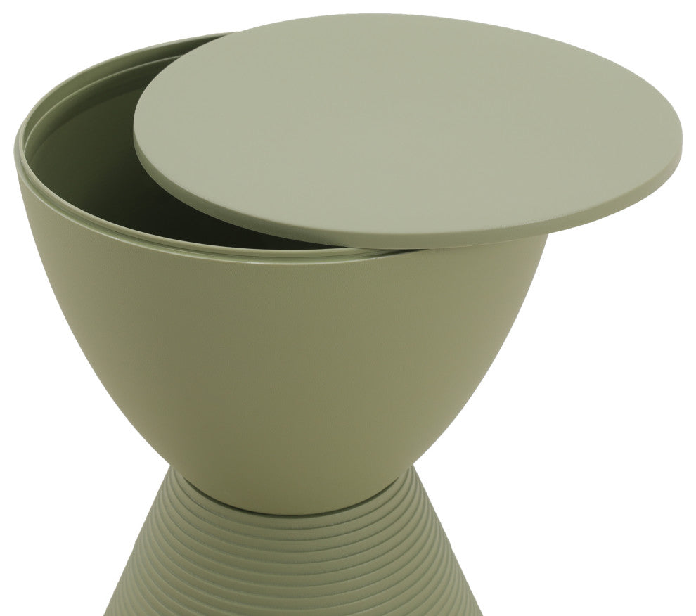 Round Side Table in ABS Plastic Ribbed Design End Table with Removable Lid, Olive Green
