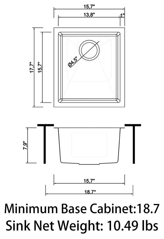 Sinber Single Bowl Kitchen Sink with 304 Stainless Steel Satin Finish, 15"x17", Undermount