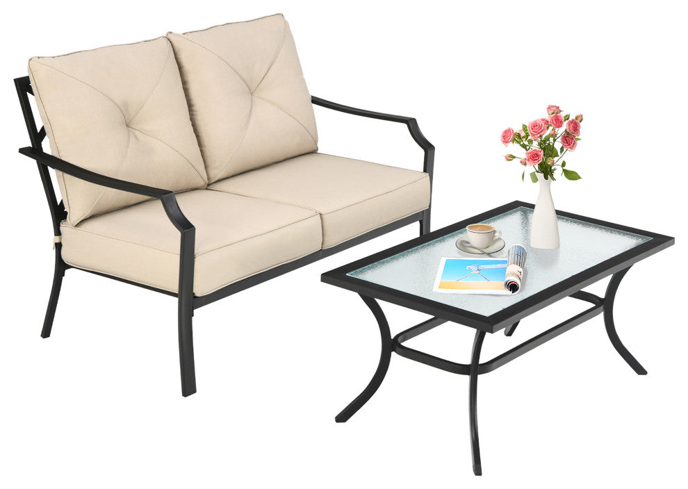 Costway 2 PCS Patio Loveseat with Coffee Table Outdoor Sofa Bench with Cushions