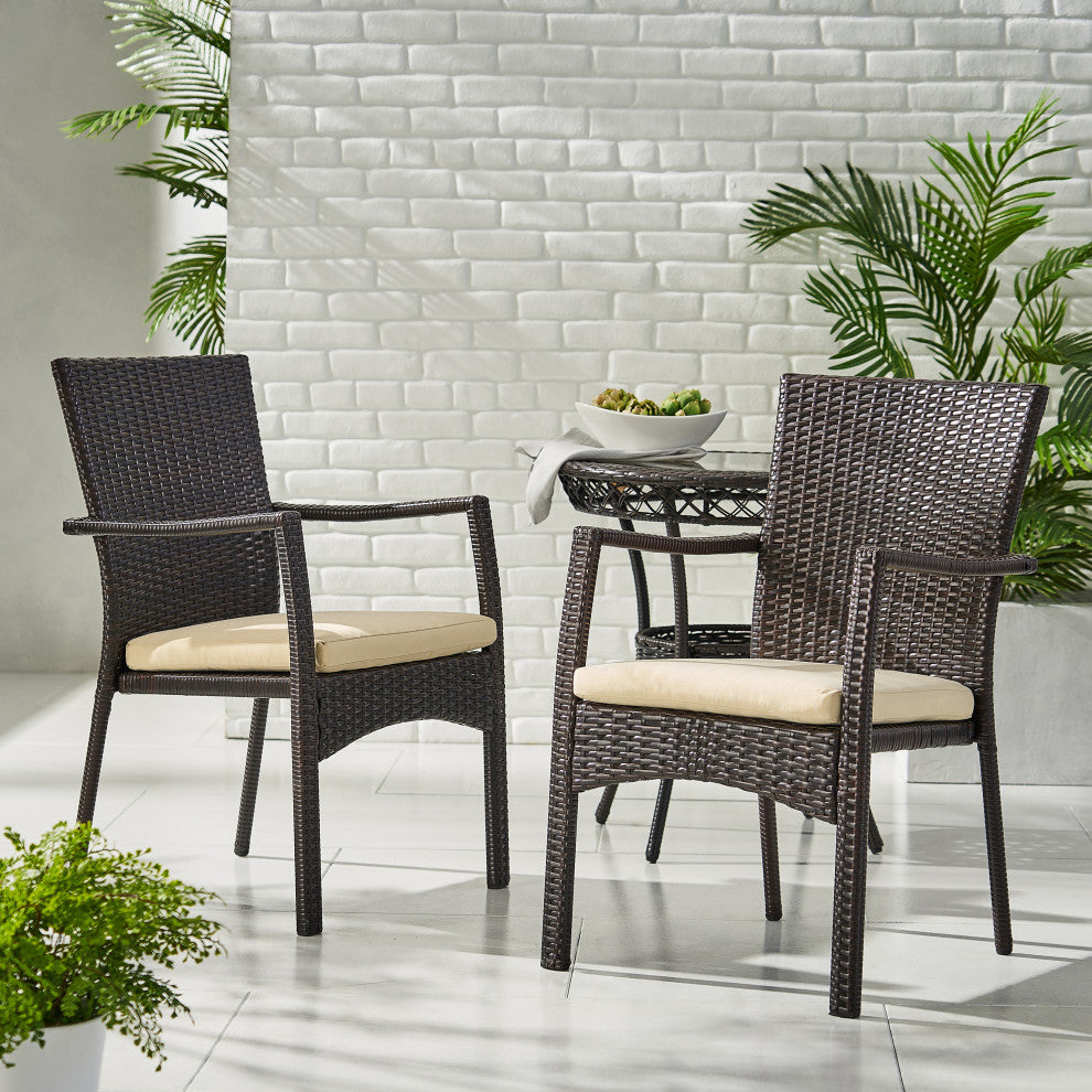 GDF Studio Melba Outdoor Wicker Dining Chairs With Beige Cushions, Set of 2