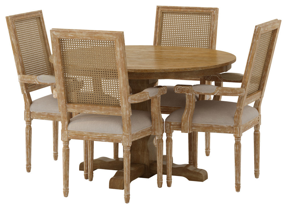 Joretta French Country Upholstered Wood and Cane 5-Piece Circular Dining Set, Natural/Beige