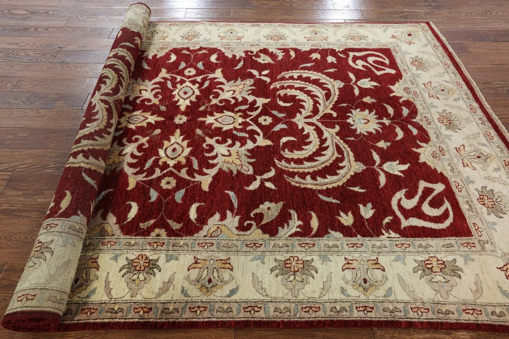 Peshawar Oriental Chobi Oushak Red Hand-Knotted Wool Rug, 6'x10'