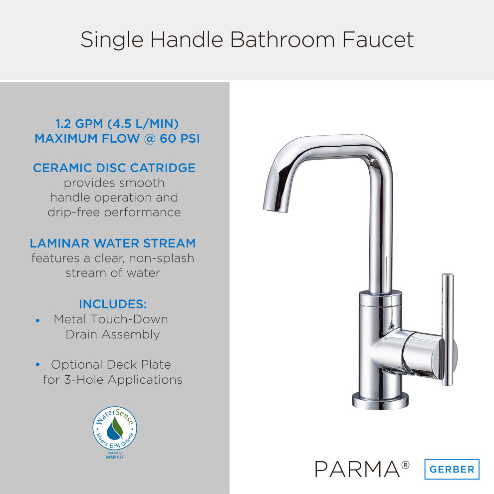 Parma Single Handle Lavatory Faucet w/ Metal Touch Down Drain Chrome, Chrome