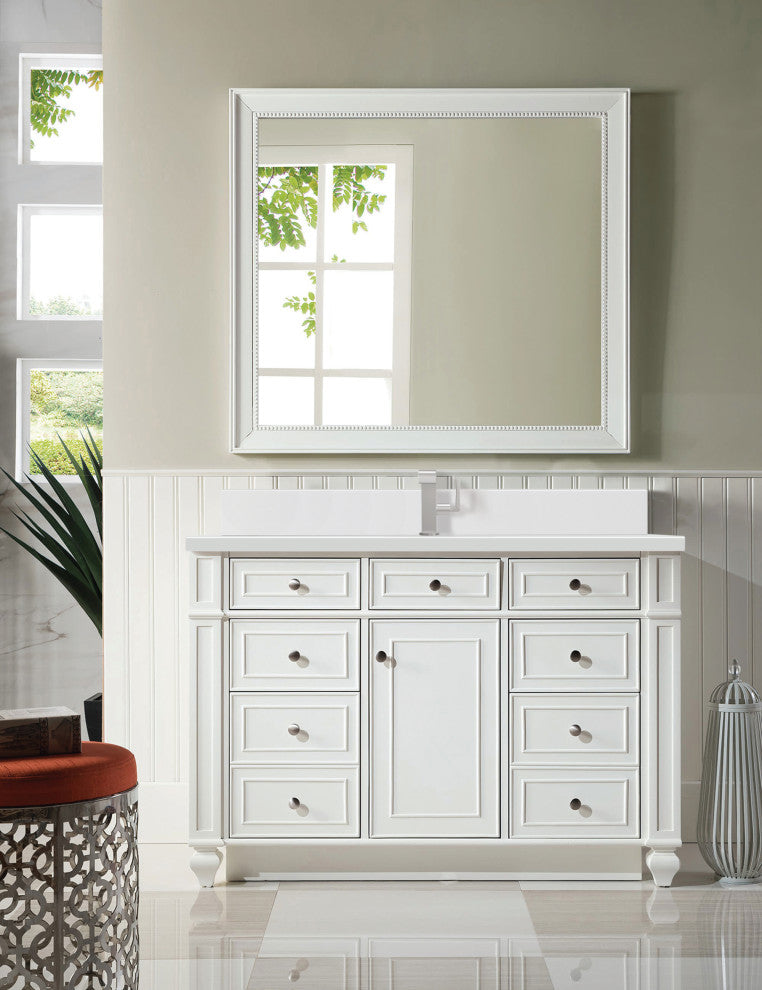 Bristol 48" Single Vanity, Bright White, Single Hole White Quartz, Backsplash