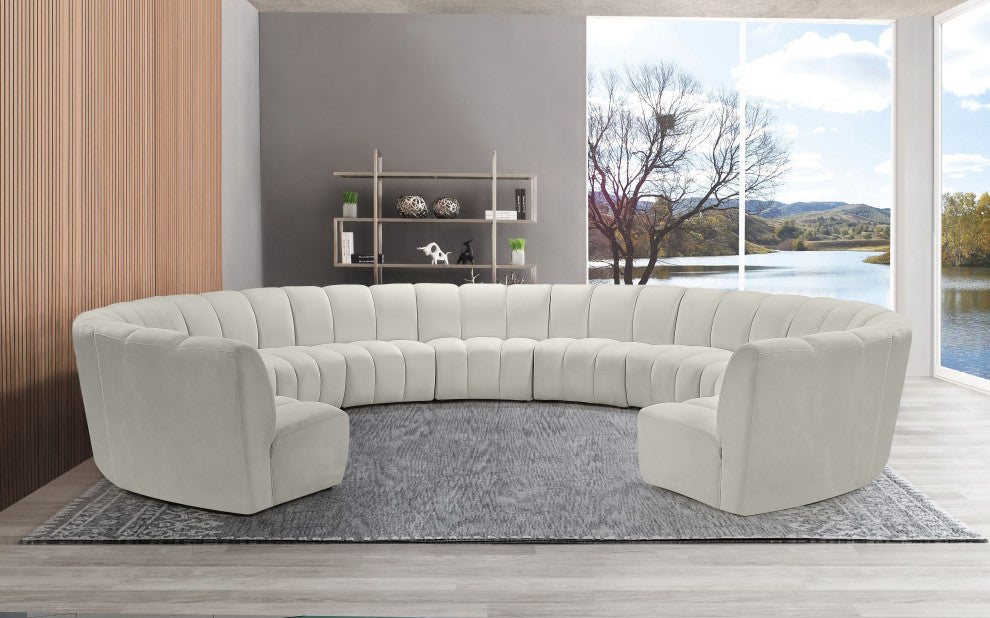 Infinity Channel Tufted Velvet Modular Chair, Cream, 11 Piece