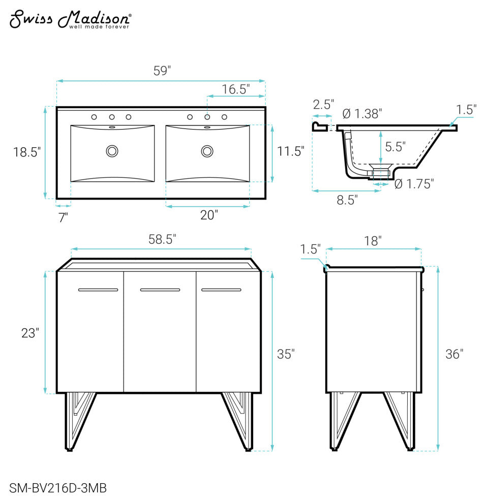 Annecy 60" White, Double Basin Bathroom Vanity With Black, 3-Hole Sink Top