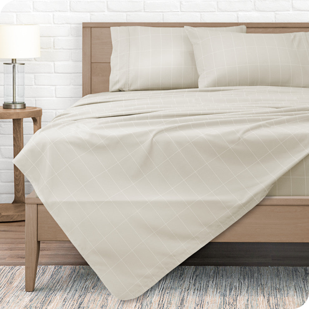 1800 Microfiber Printed Sheet Set, Grid - Stone/White, Full