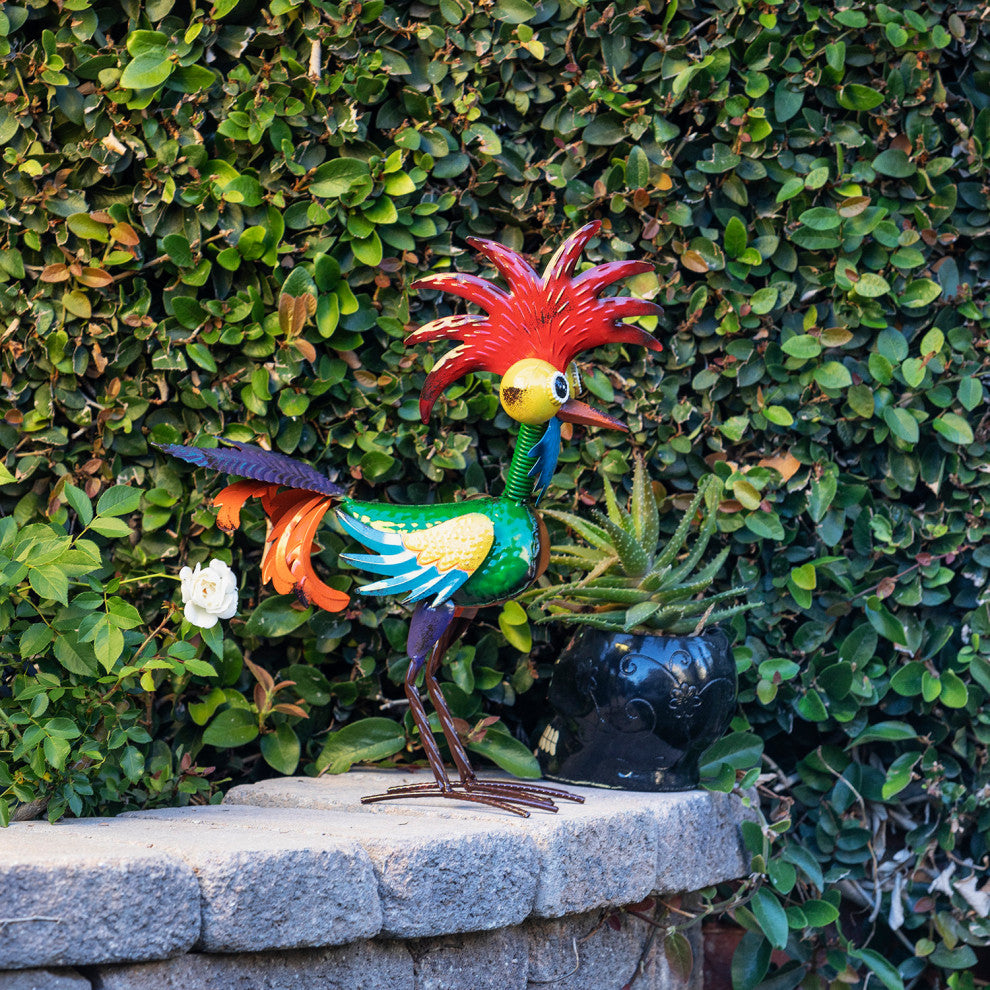 Alpine Wacky Tropical Metal Rooster Decor Statue, 17"