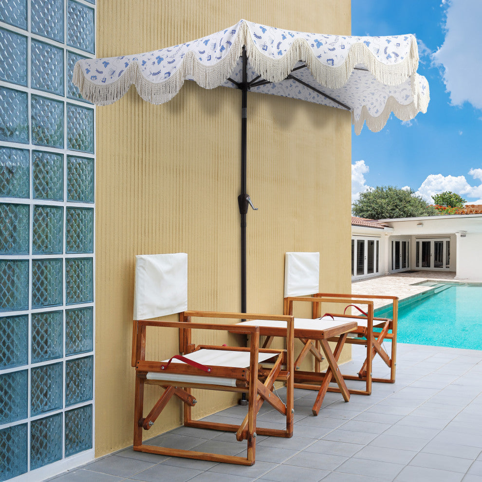 9ft Half Market Umbrella, Scalloped Fringe, Crank, Button Tilt, UV Protection