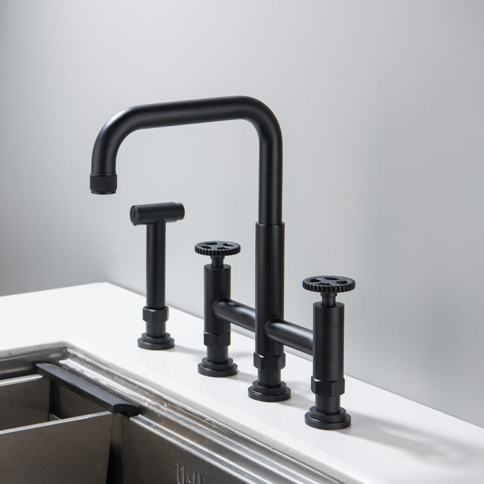 Deck-Mount Bridge Kitchen Sink Faucet With Dual Wheel Handles and Side Sprayer,