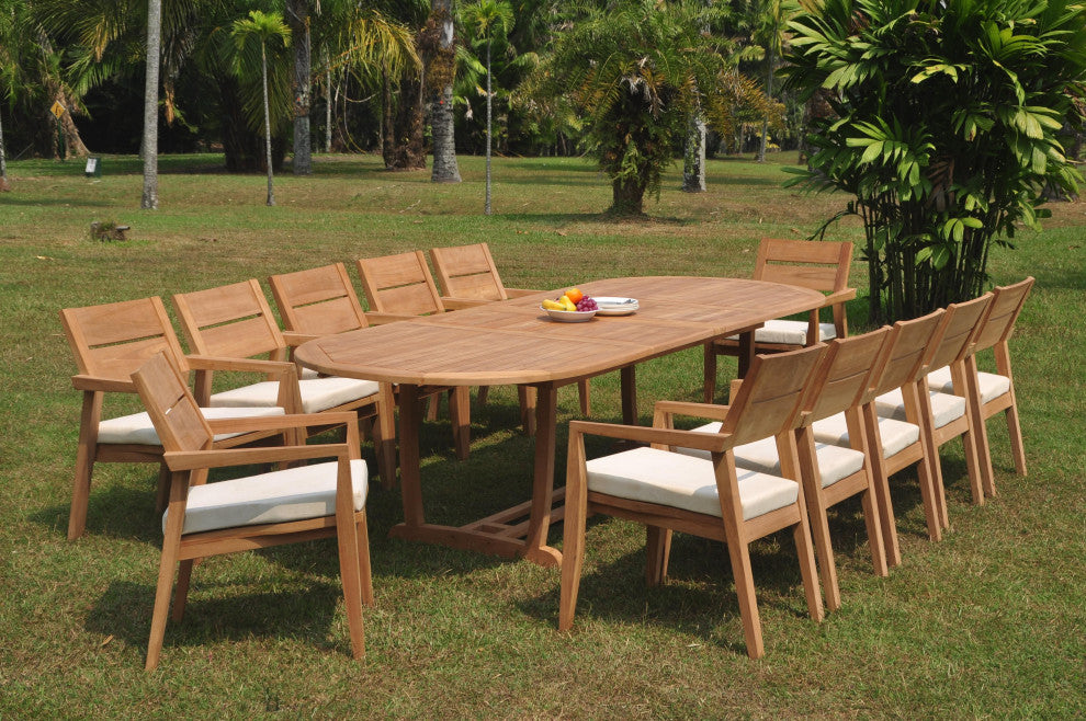 13-Piece Outdoor Teak Dining: 117" Masc Oval Table, 12 Celo Stacking Arm Chairs