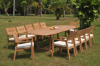 13-Piece Outdoor Teak Dining: 117" Masc Oval Table, 12 Celo Stacking Arm Chairs