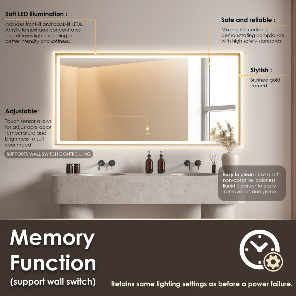 Apollo Anti-Fog Dimmable Vanity, LED Lighted Wall Mirror, Brushed Gold, 72"