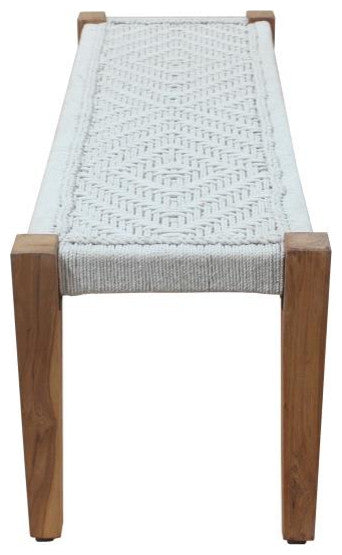 2- Piece Set: Teak Solid Wood Benches with Ivory Jute Upholstery